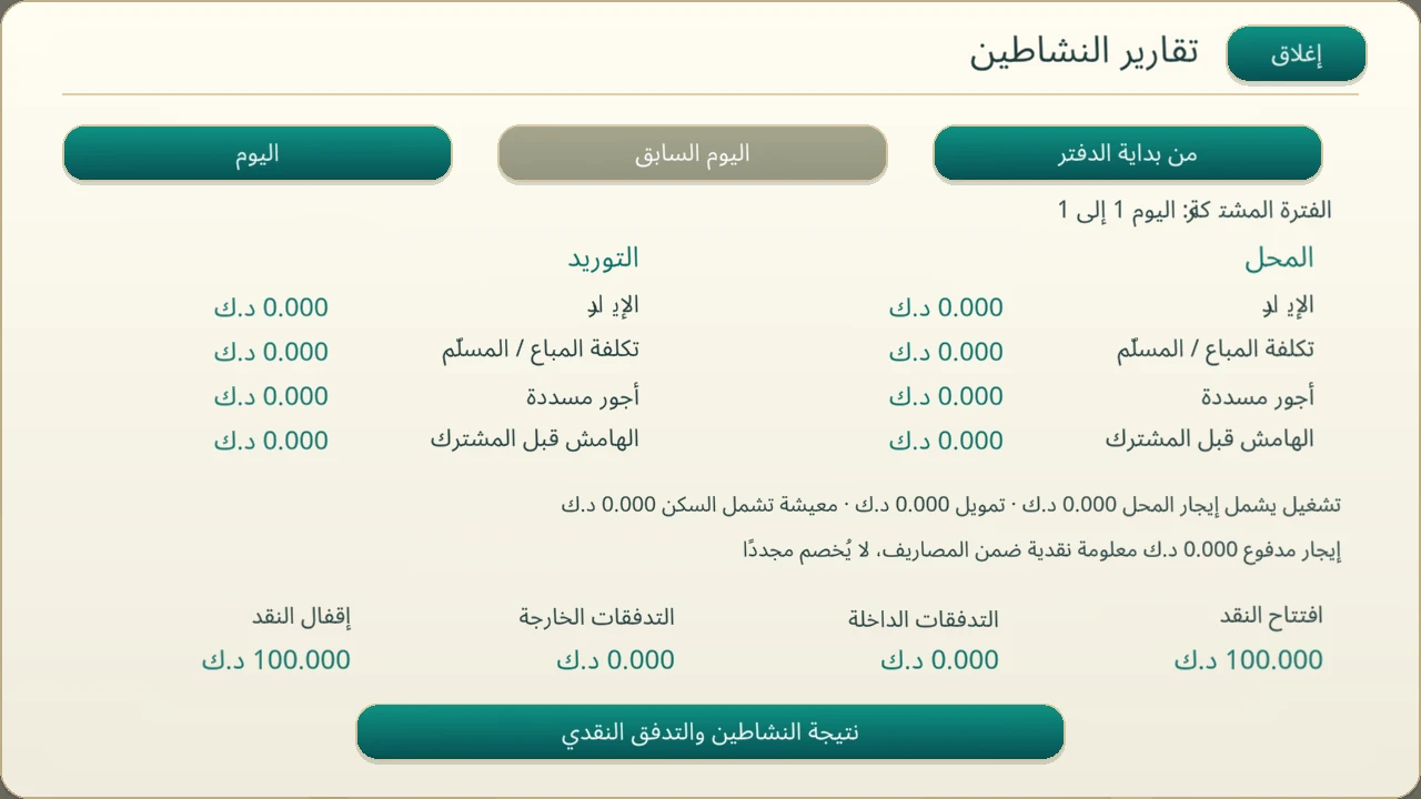 واجهة تقارير النشاط بالعربية مع بيانات حالة اختبار